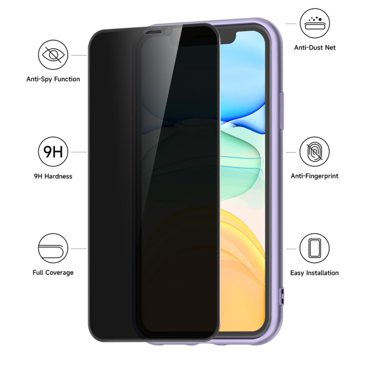 ميجست عبوة من 2 واقي شاشة خصوصية من الزجاج المقوى لموبايل ايفون 11 / ايفون XR، واقي شاشة من الزجاج المقوى (أسود)