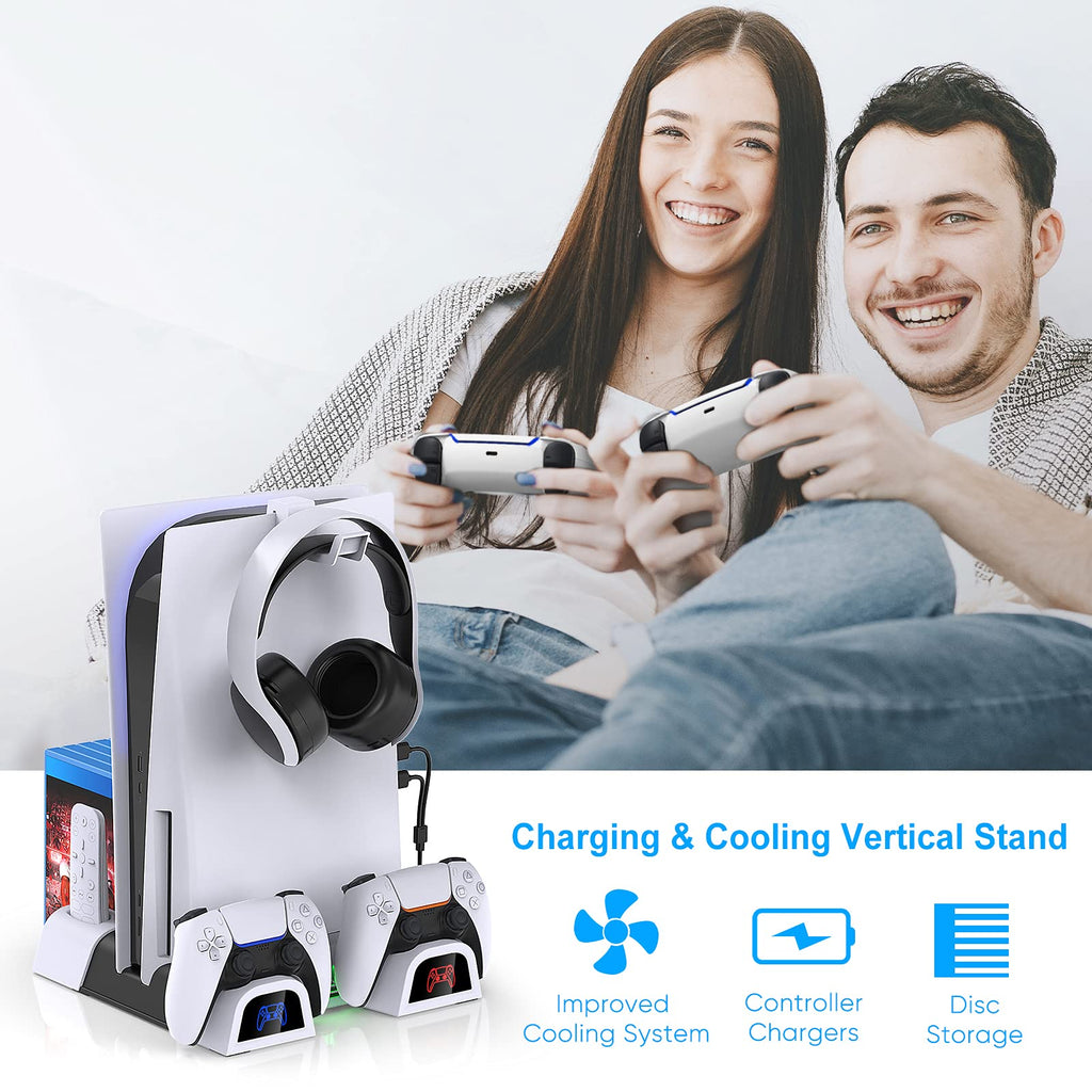 حامل مروحة تبريد لجهاز PS5 مع شاحن مزدوج لوحدات التحكم، قاعدة شحن مينيا لبلايستيشن 5 مع حامل لجهاز التحكم عن بعد، 10 فتحات ألعاب، كابل 2 في 1 متضمن