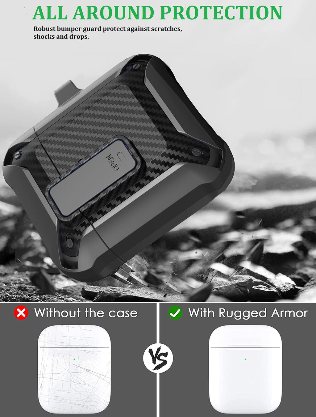 Olytop for Airpods 4 Case with Lock Clip, Rugged Apple Airpods 4th Generation Cover 2024 Men Women, Armor Shockproof iPod 4 Gen Protective Hard Shell with Carabiner&Cleaner kit